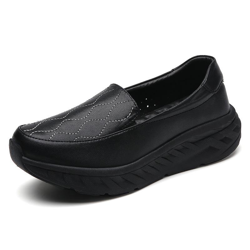 

24 кожаные туфли-маффины женские мягкая платформа черно-белые клиновидный каблук туфли для мамы повседневные универсальные одинарные туфли 43 standard code чёрный