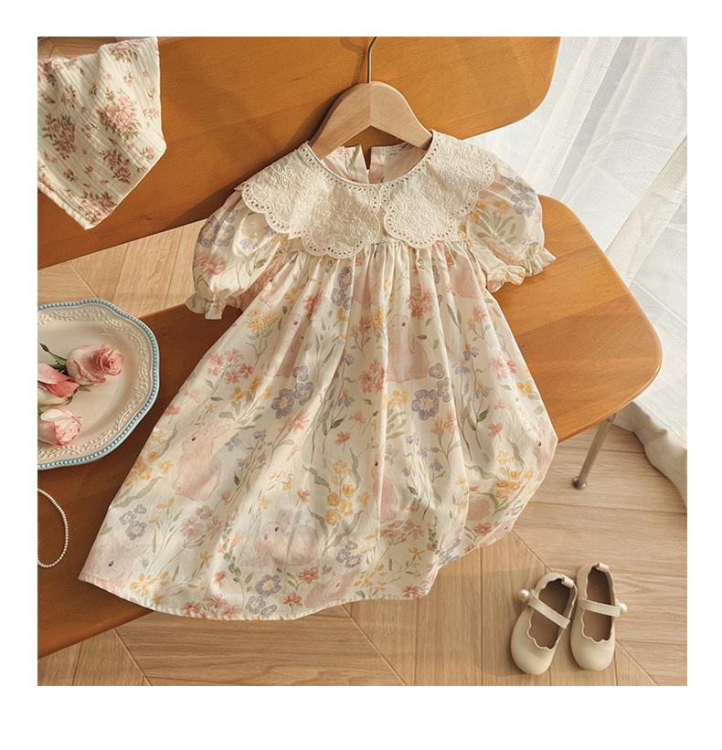 2026 Summer French Cartoon Print Lace Collar Girls' Princess Dress - Short Sleeve