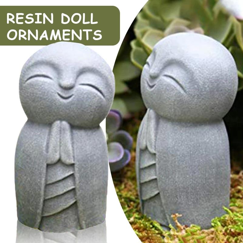 Resin Crafts Small Monk Statue Desktop Art Figurines Grey Little Jizo Buddha Sculpture For Outdoor Garden Decor Ornament