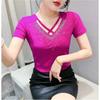 New Summer Short Sleeved V-Neck Women's T-Shirt Fashion Sexy Hollow Out Hot Diamonds Tops High Strecth Mesh Slim Tees