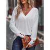 Solid Color V-neck Loose Long-sleeved T-shirt Button-down Top