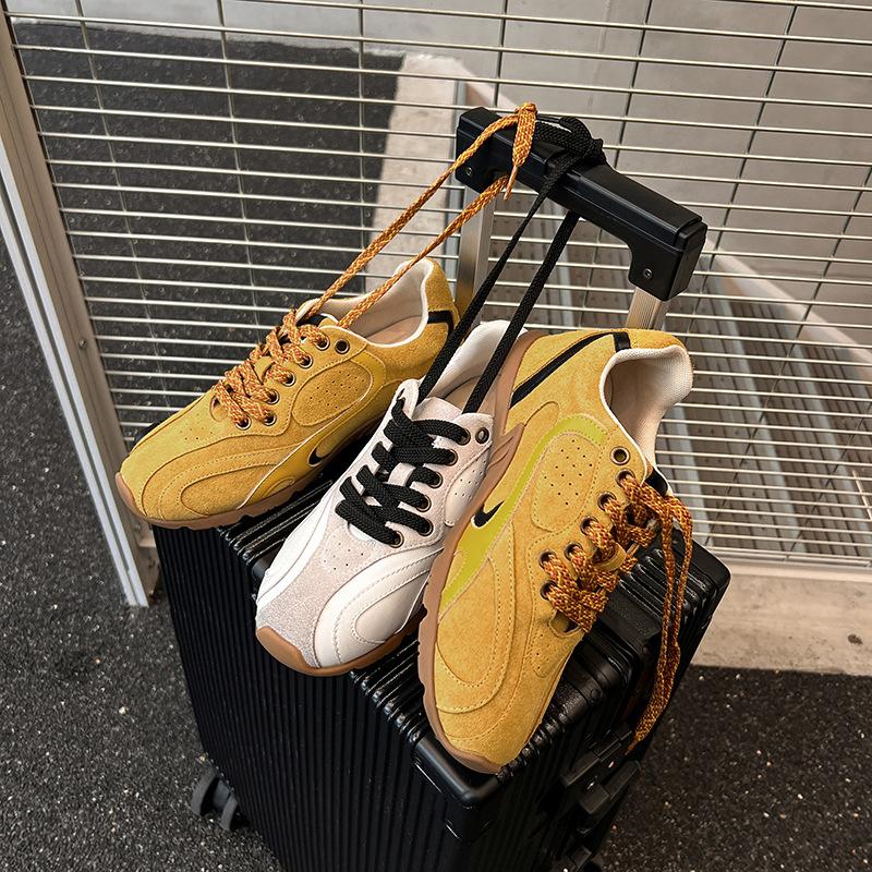 2025 autumn new cow velvet college wind moral training shoes soft waxy casual single shoes lace-up small yellow shoes confidential hair