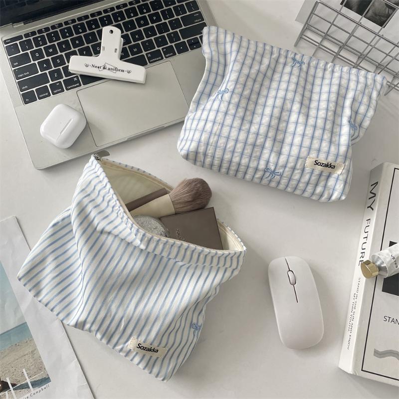 Fashion Fresh Striped Plaid Cosmetic Bag Korean Simple Bow Embroidered Makeup Bag Storage Bag Toiletry Storage Pouch
