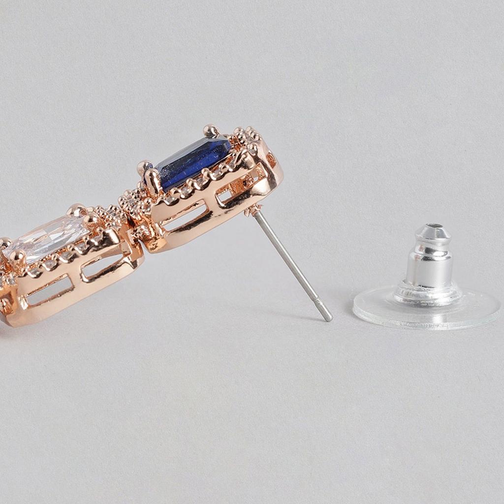 Elegante quadratische Designer-Ohrhänger von Estele für Damen, rosévergoldet, Zirkonia, mit blauen Steinen