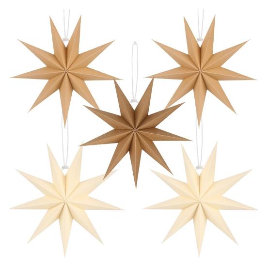 5Pcs Star Lanterns 12-Inch Paper Christmas Ornaments 9 Pointed Hanging Lamp Lampshades Vintage Farmhouse