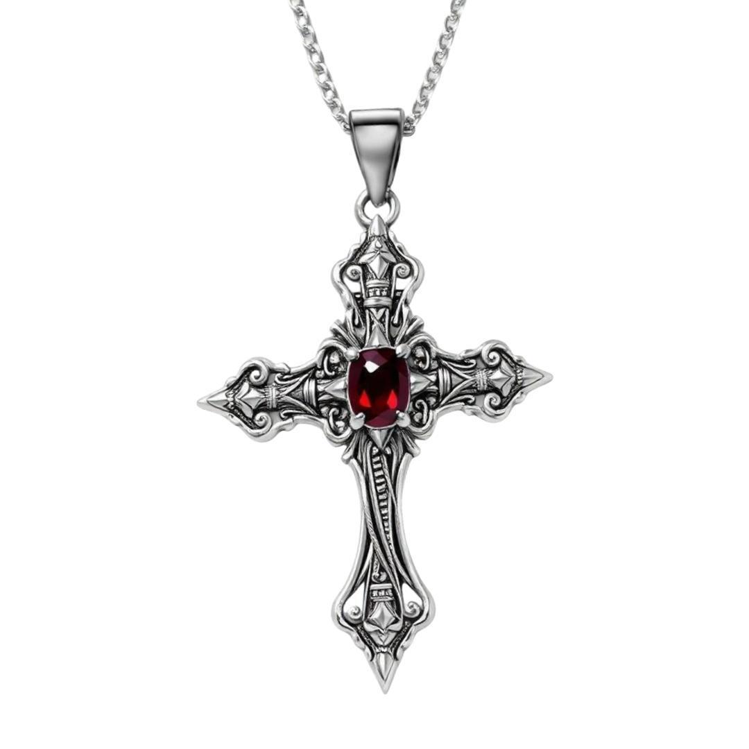 Gothic Punk Red Gemstone Cross Choker Necklace