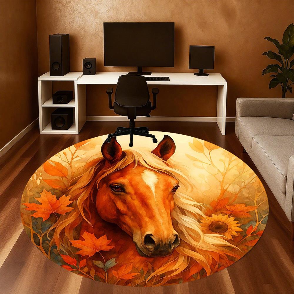 1pc Autumn Horse Round Chair mat office Area Rug - Non-Slip, Floor Mat for Office, Bedroom, Ideal home decor gift c0112085