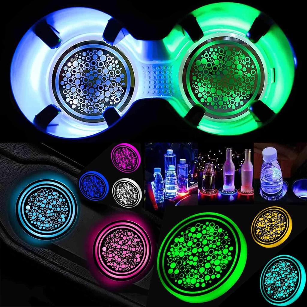 2PCS LED Car Cup Holder Lights, Light up Car Coasters for Cup Holders 7 Color-Changing Light Up Cup Holder ert Coasters, Waterproof Car Accessories