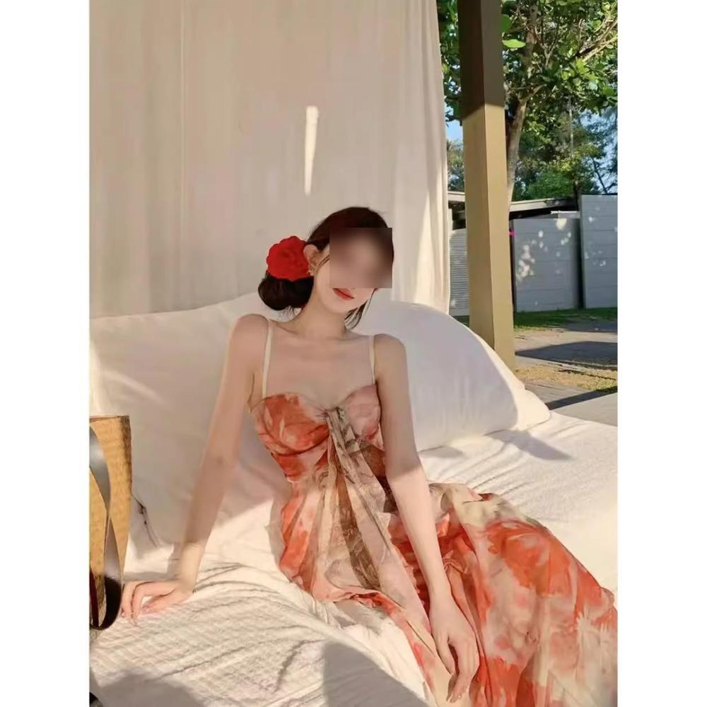 French niche high-end floral tie-dye new Chinese printing dress atmosphere seaside vacation suspender tube top skirt