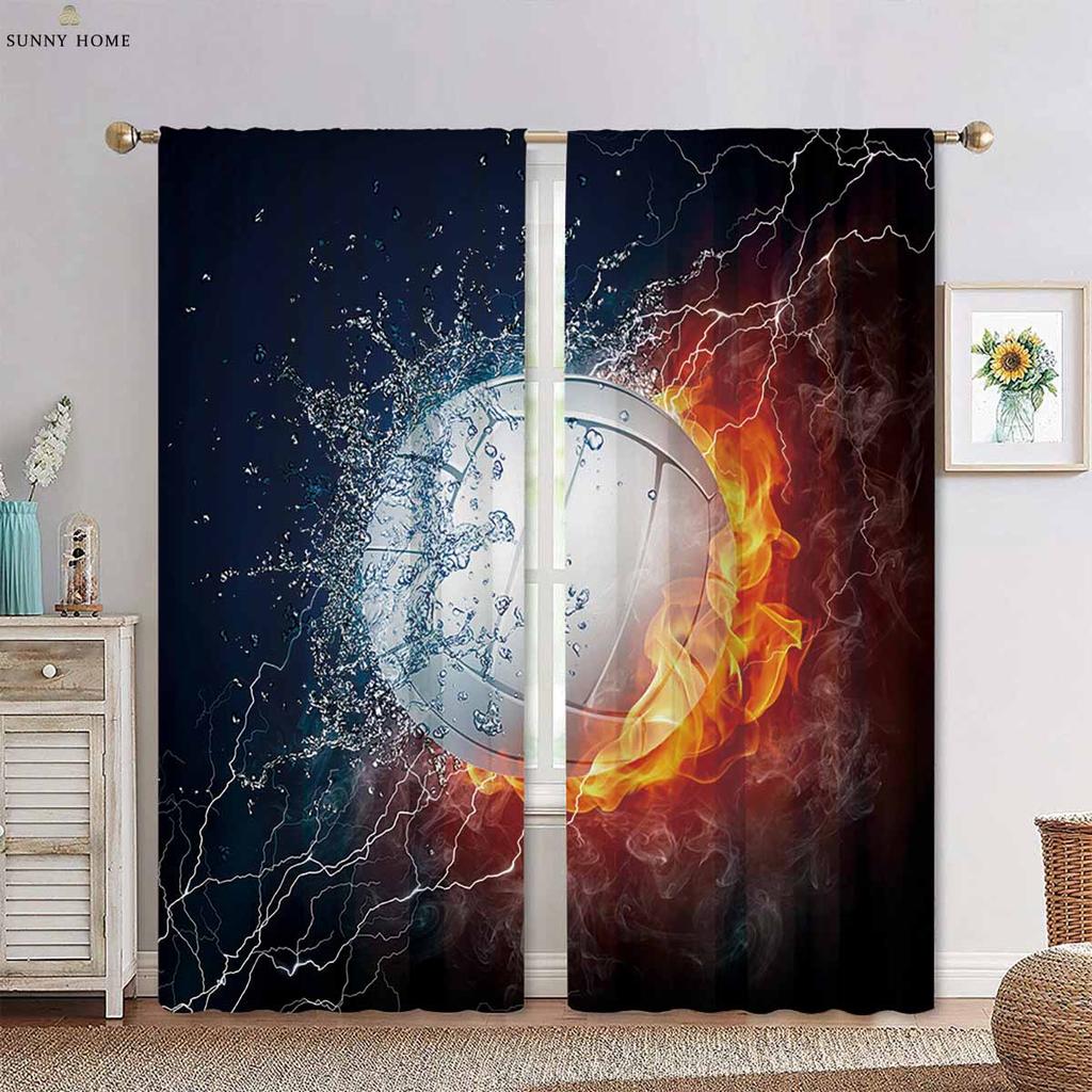 Wasser Feuer Basketball Cool Sport 3D Gedruckter Vorhang Stangentasche Jungen Mädchen Zimmer Wohnzimmer Küche Dekorative Vorhänge 2 Stück