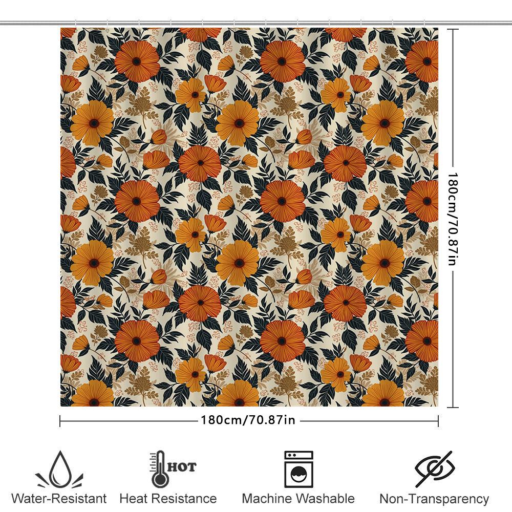 Modern Floral Shower Curtain Orange Flowers Green Leaves Decorative Bathroom Liner For Kids Bathrooms 72 X 39 (180Cm X 99Cm) [Bl