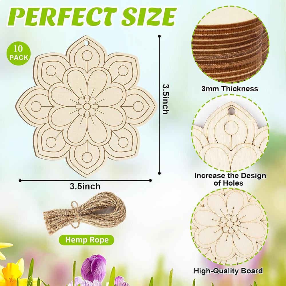 10 Stück Holzblumen-Ornamente Unfertige Holzscheiben mit Loch Holzrohlinge Weihnachts-Hängeornamente für DIY-Bastelarbeiten