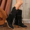 Womens Mid-Calf Boots Fashion Pointed Toe Thick Heel High Heeled Boots Fringes Design Fashion Boots Retro Rivet Mid-Calf Booties