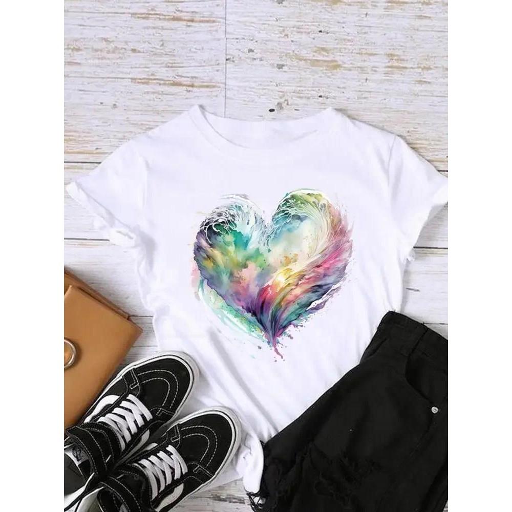 Sleeve Graphic T-shirt Women Top Print Fashion Clothing Watercolor Trend Lady Female Shirt Tee Clothes