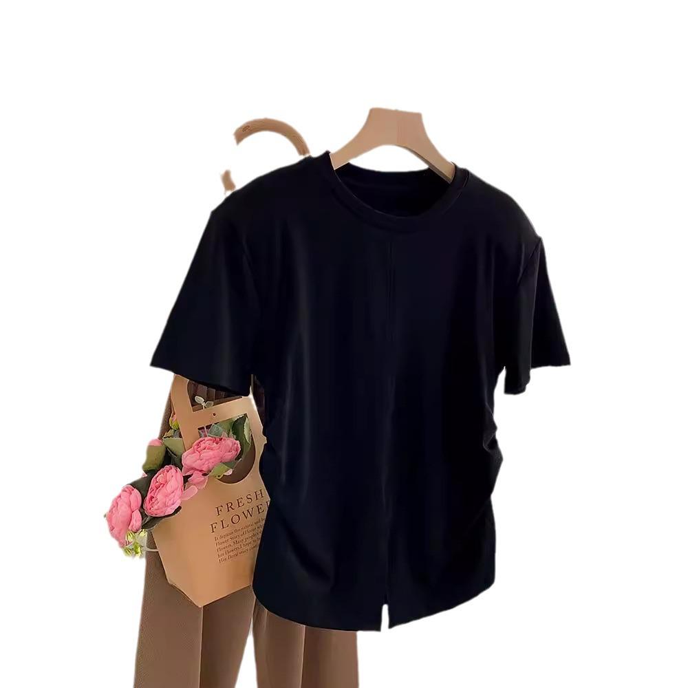 Pure Desire Women's Irregular Slit T-Shirt - Waist-Hugging, Round Neck, Short Sleeves, Loose Summer Style, Sexy Design, High Quality