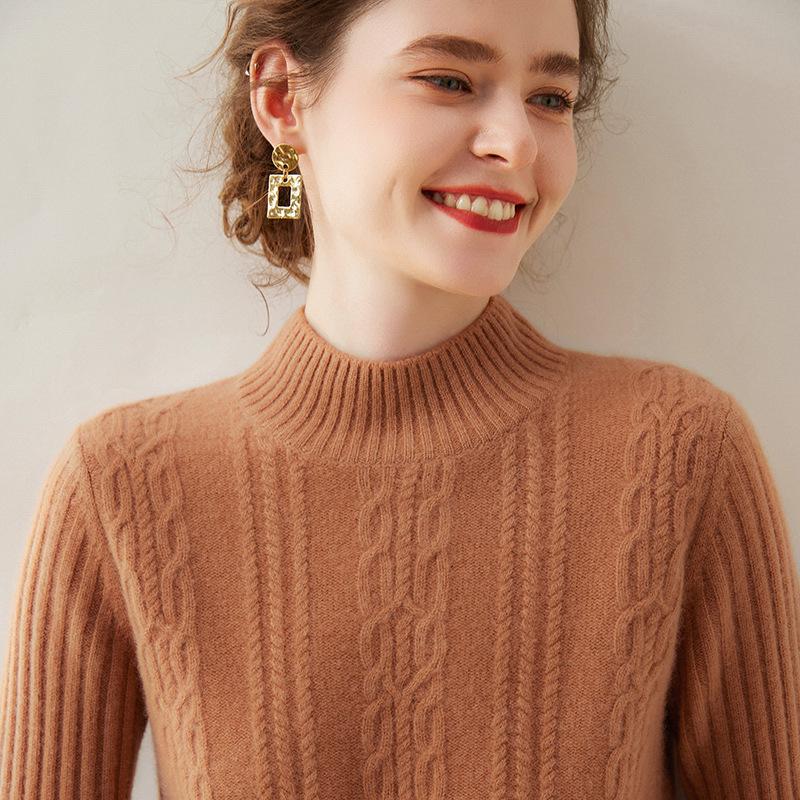 2024 Autumn/Winter Women's Retro Cable Knit Half-High Neck Cashmere Loose Pullover Sweater - Simple Solid Color Base Layer