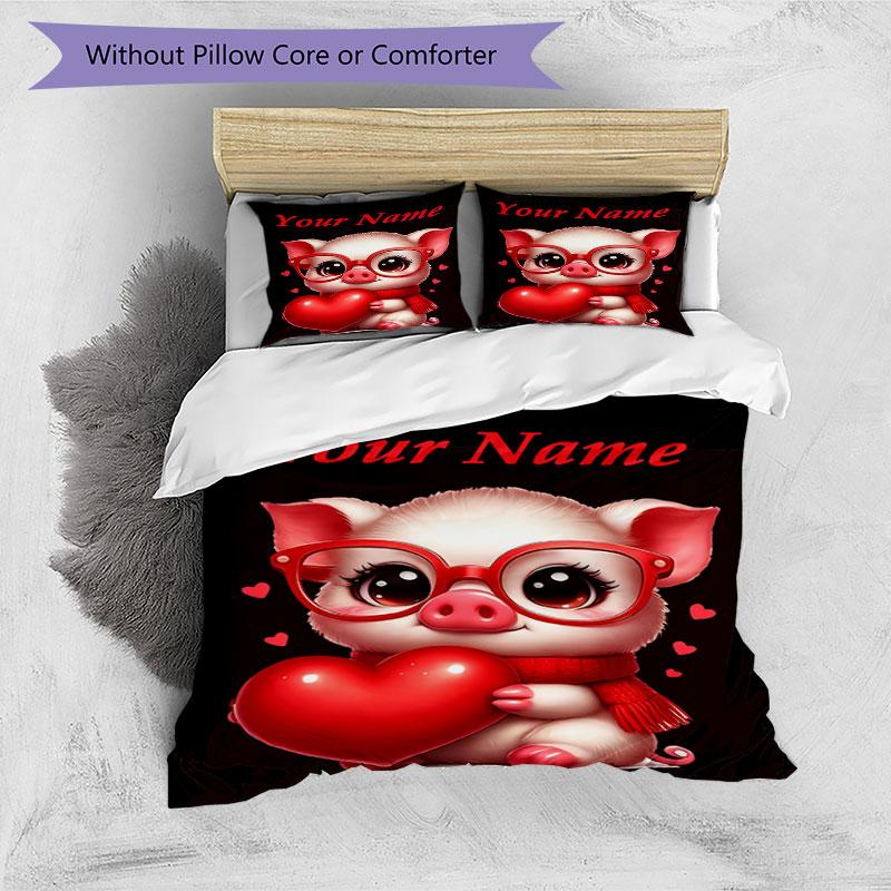 3PC Custom Name Pig Heart Glasses Bedding Set Duvet Cover Closure Includes 1 Duvet Cover & 2 Pillowcases for Bedroom