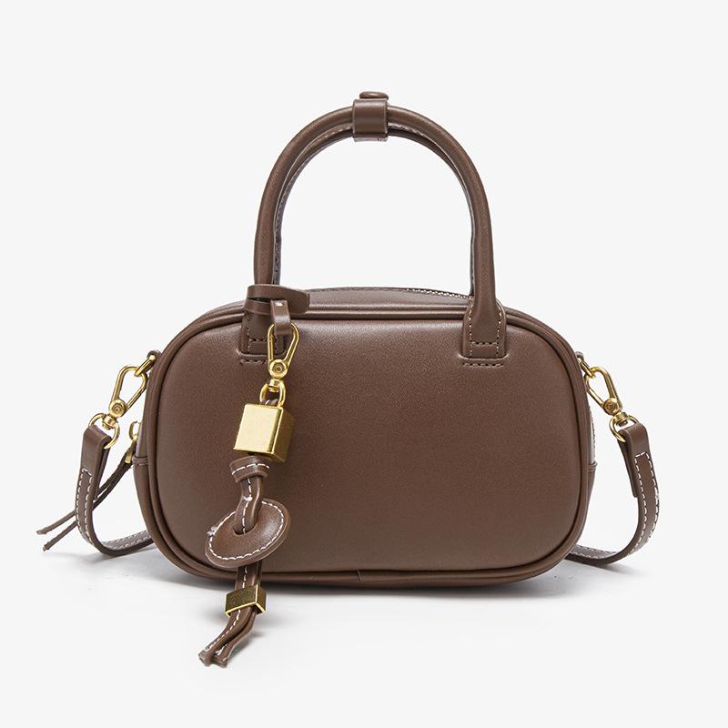 

Mini Topstitched Crossbody Bag for Women Vintage Luxury Design Solid Color Wide Strap Small Shoulder Pillow Handbag коричневый