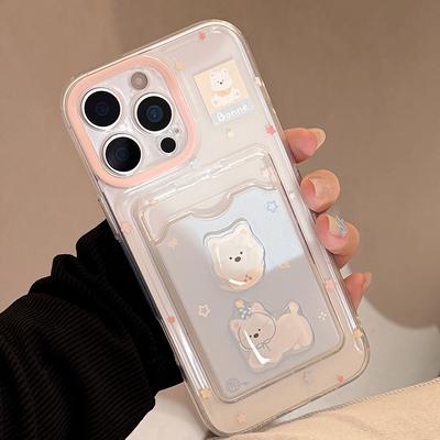 Cartoon Hund Süßer Welpe Geldbörse Kartenhalter Steckplatz Hülle für IPhone 11 12 13 14 15 16 Pro Max XS X XR 7 8 Plus TPU Klare Rückseite