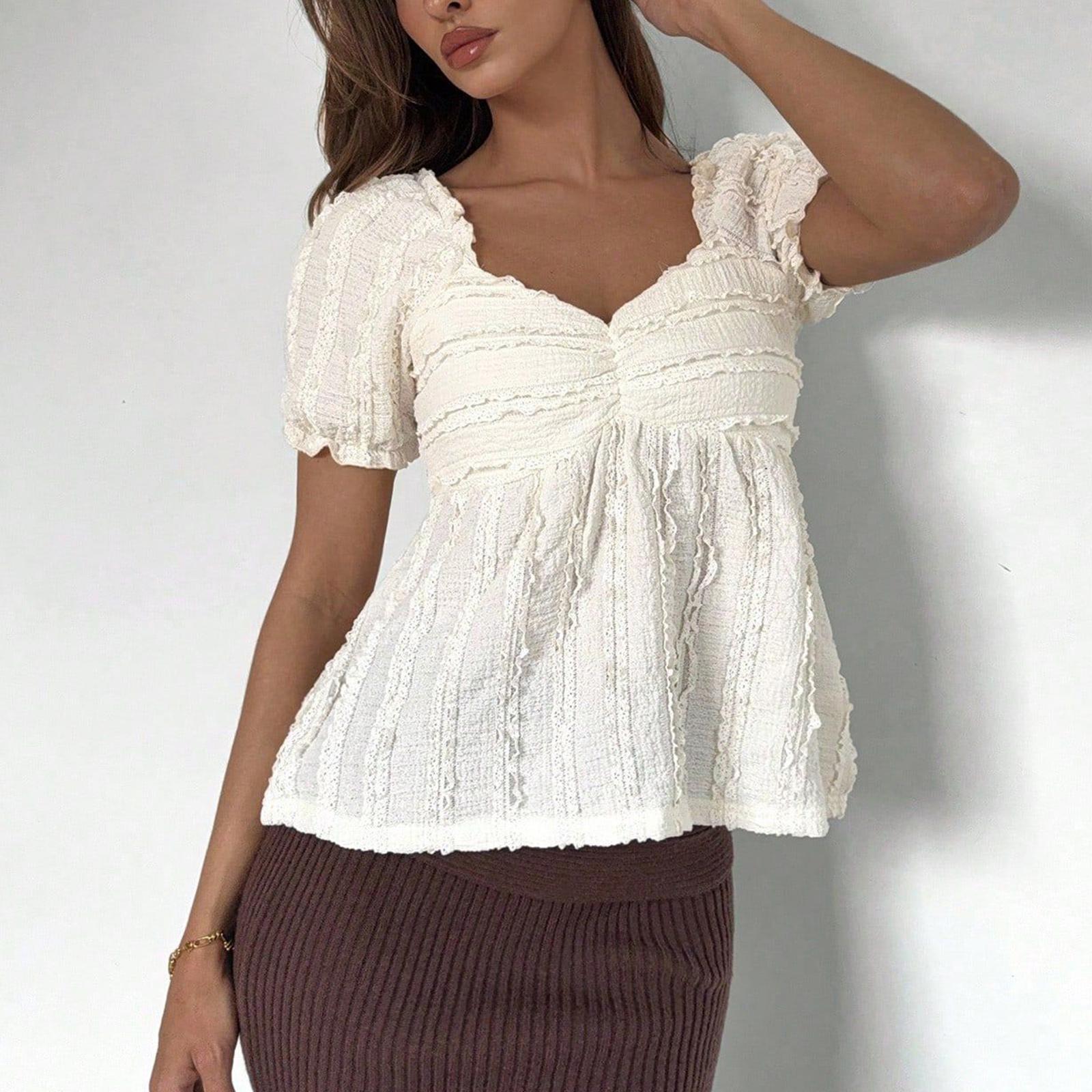 Women s V-Neck Fashionable Minimalist Puff Sleeve T-Shirt Top L бежевый
