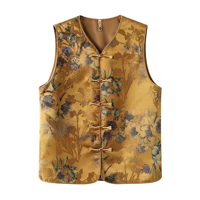 Mom's Vintage Chinese Frog Button Print Vest – Sleeveless V-Neck Cardigan