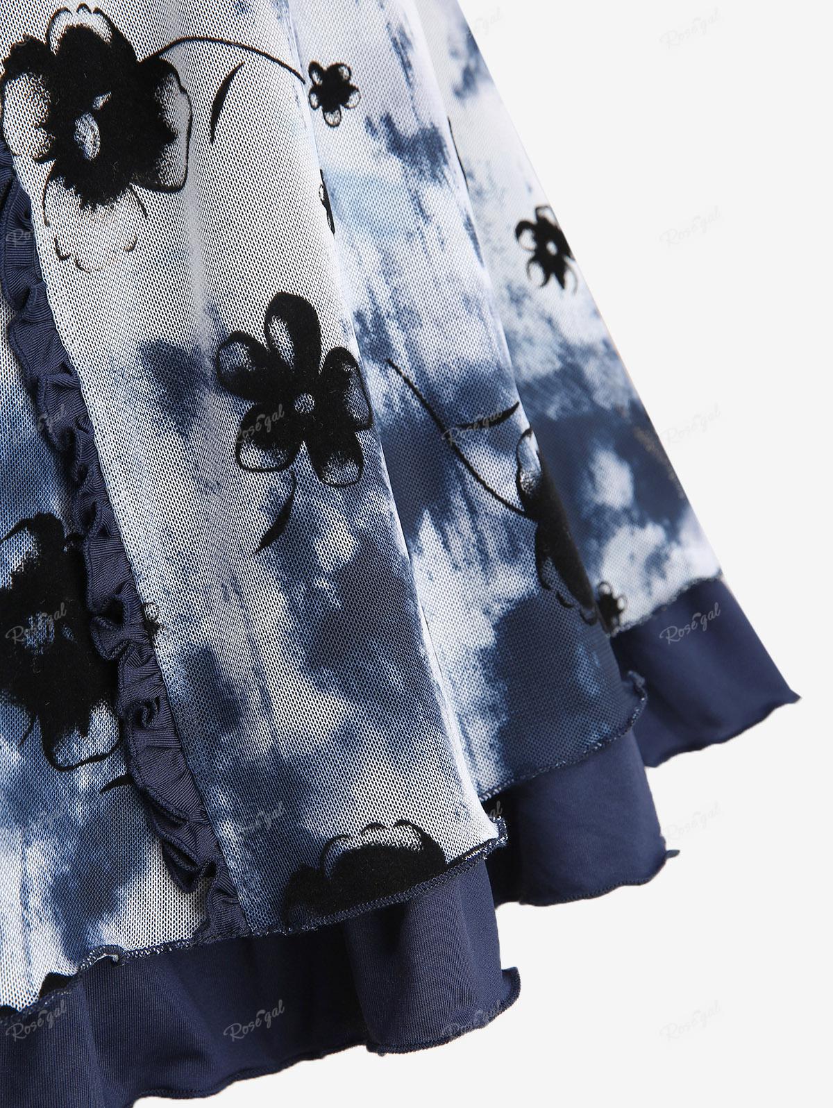 Rosegal Plus Size Tie Dye Mesh Floral Flocking Top Tied Layered Ruched Bust Top — фото 5