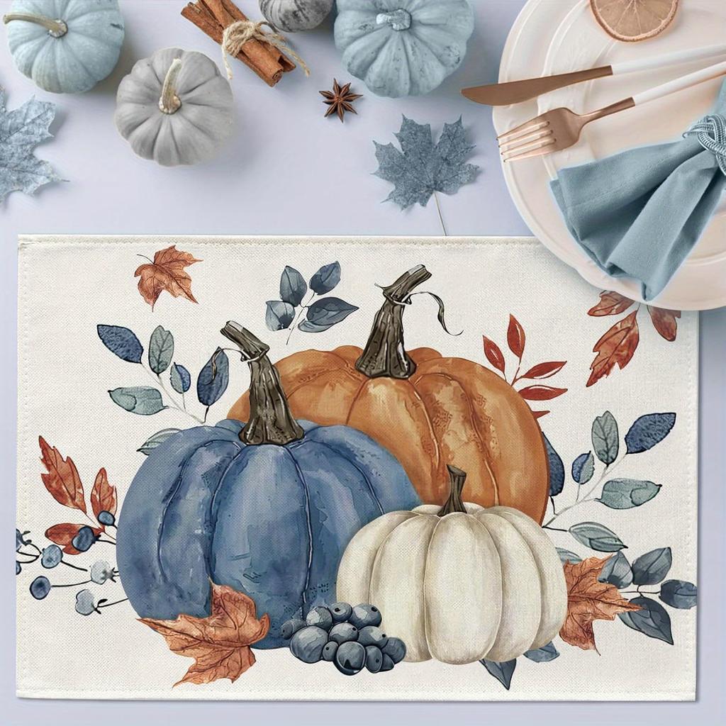 Blue-White Pumpkin Placemats (4pcs) – Watercolor pumpkins & leaves, ideal for fall, Thanksgiving, or Christmas table decor.