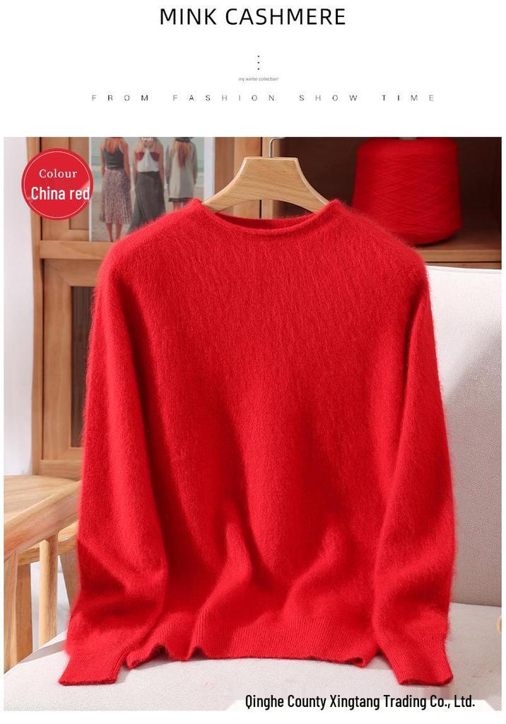 Women's Mink Cashmere Short Sweater with Half-High Collar and Rabbit Fur Knit, Slimming Fit