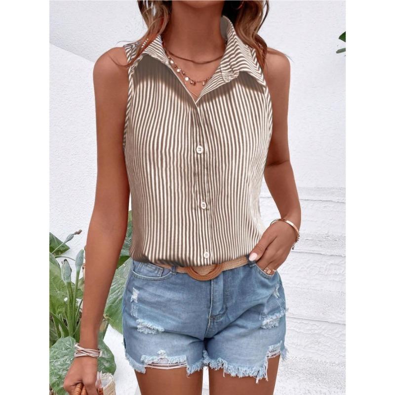 Camisa de Mujer de Verano sin Mangas Holgada a Rayas Elegante Blusa de Oficina Moda Casual Sencilla Dulces Tops Cuello Solapa Ajustado Ropa Streetwear