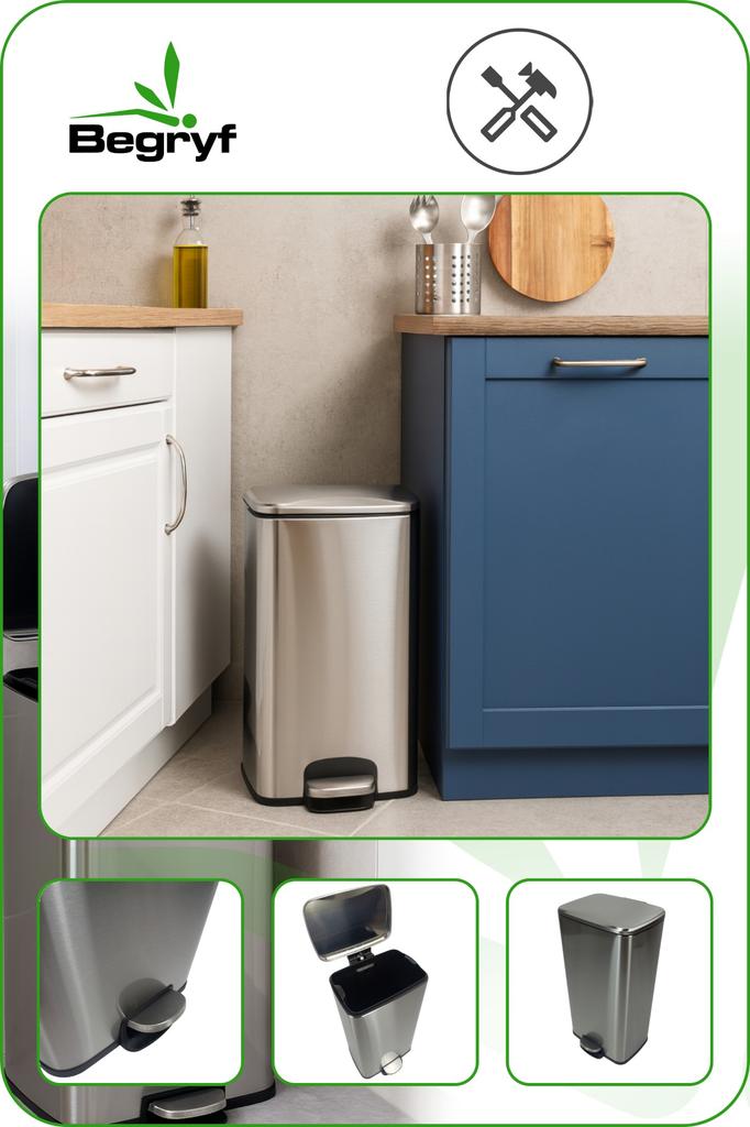 Kosz Na Śmieci Metalowy Nowoczesny Kuchenny Z Pokrywą Inox 35L 61X34X24 Cm | Begryf