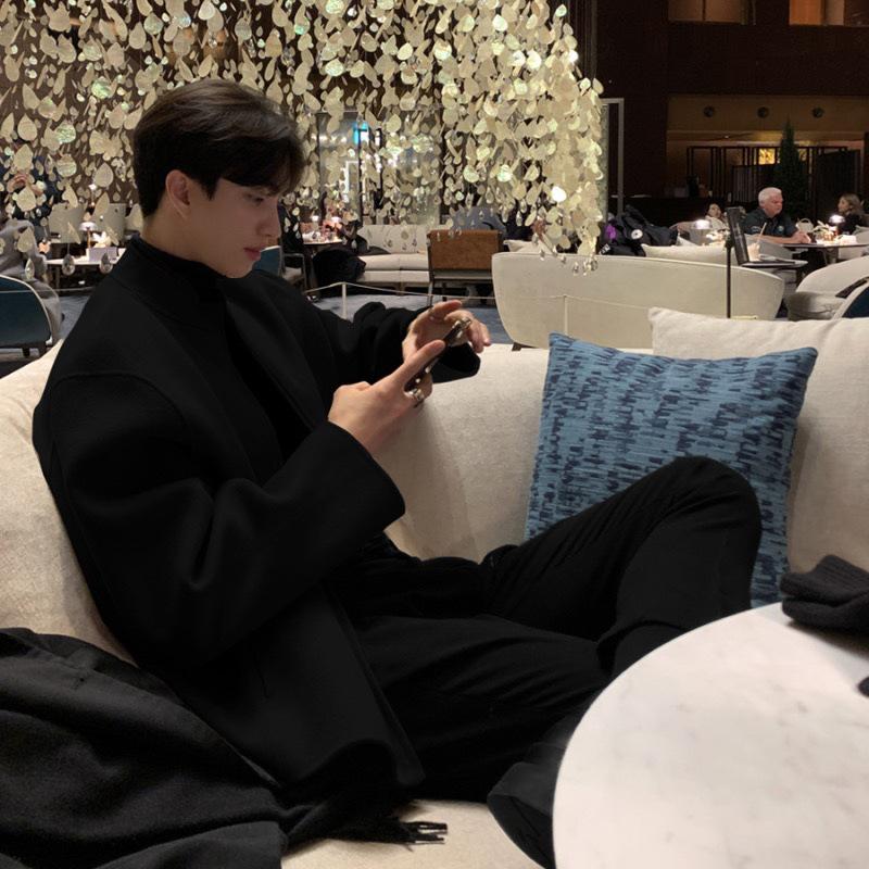 Men's Korean Style Wool Bomber Jacket - Spring Trend, Stand Collar, Solid Color, Cool & Handsome Design.