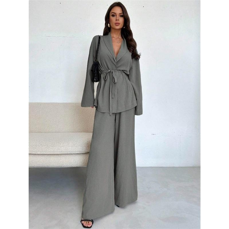 Women's 2 Piece Set V Neck Long Sleeve Belted Blazer & Wide Leg Pants Elegant Casual Office Outfit