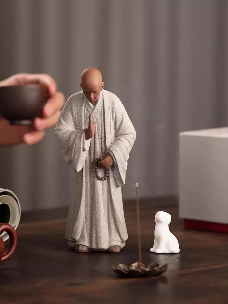 Zen Little Monk Buddhist Shami Meditation Sculpture, Ceramic Figurines, Tearoom Fengshui Chinese Statues for Decoration, Gift