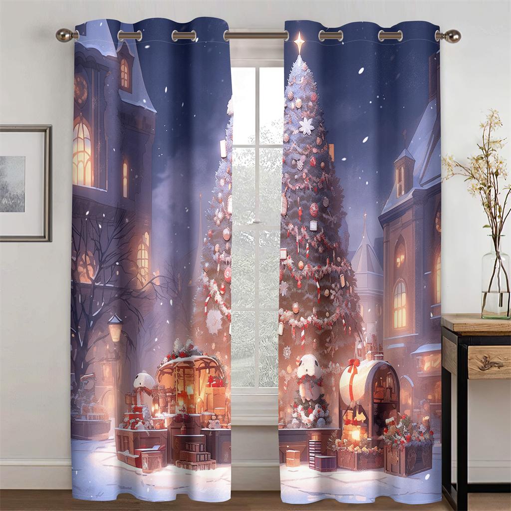 Cartoon Forest Christmas Cottage Curtains Fine Christmas Tree Fit Children's Room Living Room Bedroom Kitchen 2 Pcs