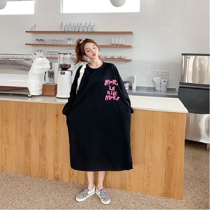 YYFS Damenmode Herbst Winter Langarm O-Ausschnitt Lockere Taille Lässige Kleider