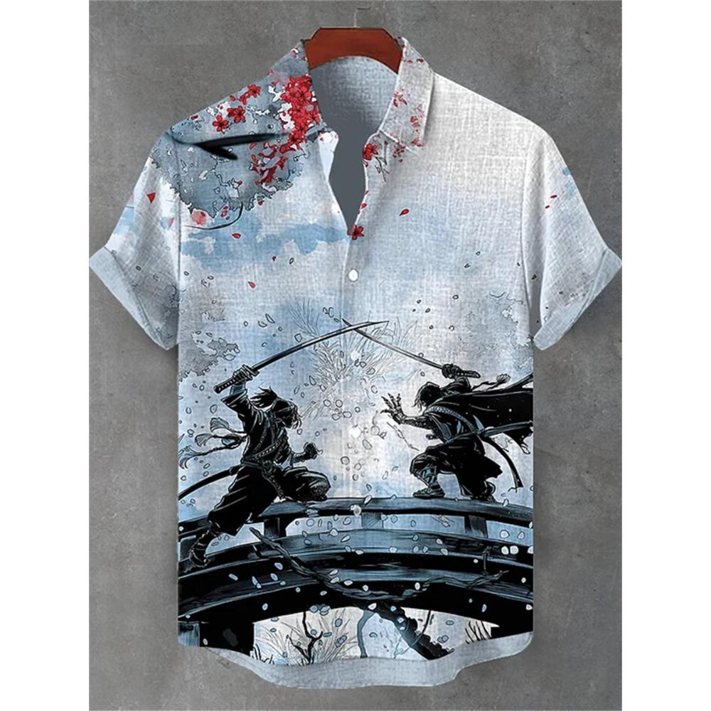 Men s Summer Fashion Printed Short-Sleeve Shirt, Retro Trendy Lapel Shirt for Men, Hawaiian Beach Casual Top S