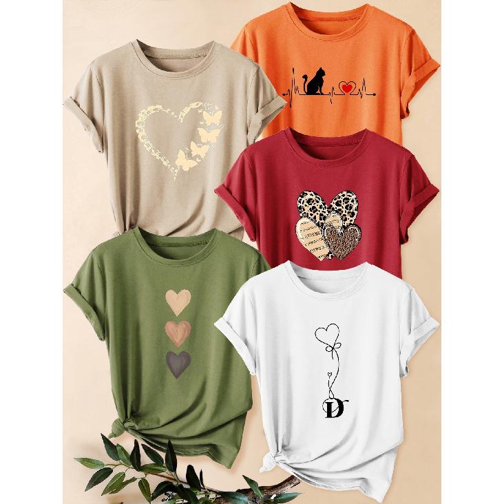Five-piece set of women's animal heart print short-sleeve shirts Leopard print heart cat butterfly print round neck summer dress T Shirt Suitable for