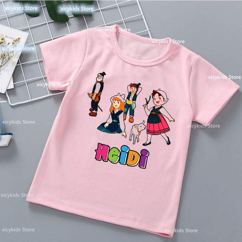 Kawaii Girls T-Shirt Funny Heidi And Family Cartoon Print Kids Summer Shirt Tops Fashion Girls Clothes Cute Kids Clothes Tshirt