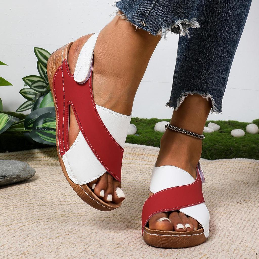 Sandali da donna con zeppa a contrasto e tacco alto, scarpe casual a punta aperta con suola spessa, comodi sandali con cinturino alla caviglia