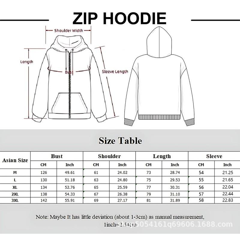 Men Women Streetwear Hoodie Zip Up Graphic Print Loose Fit Casual Sweatshirt Youth