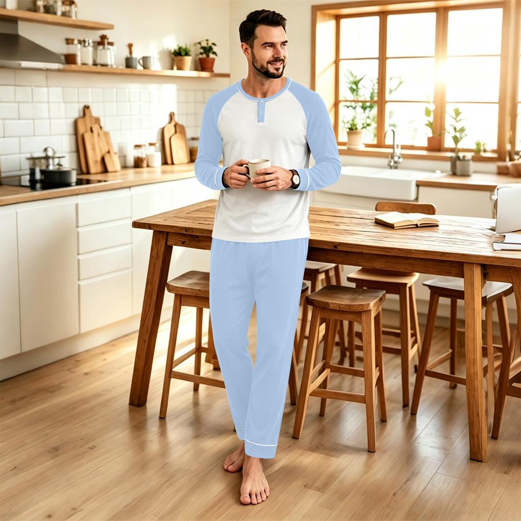 Men's Casual Loose Fit Raglan Sleeve Pajama Set for Sleep and