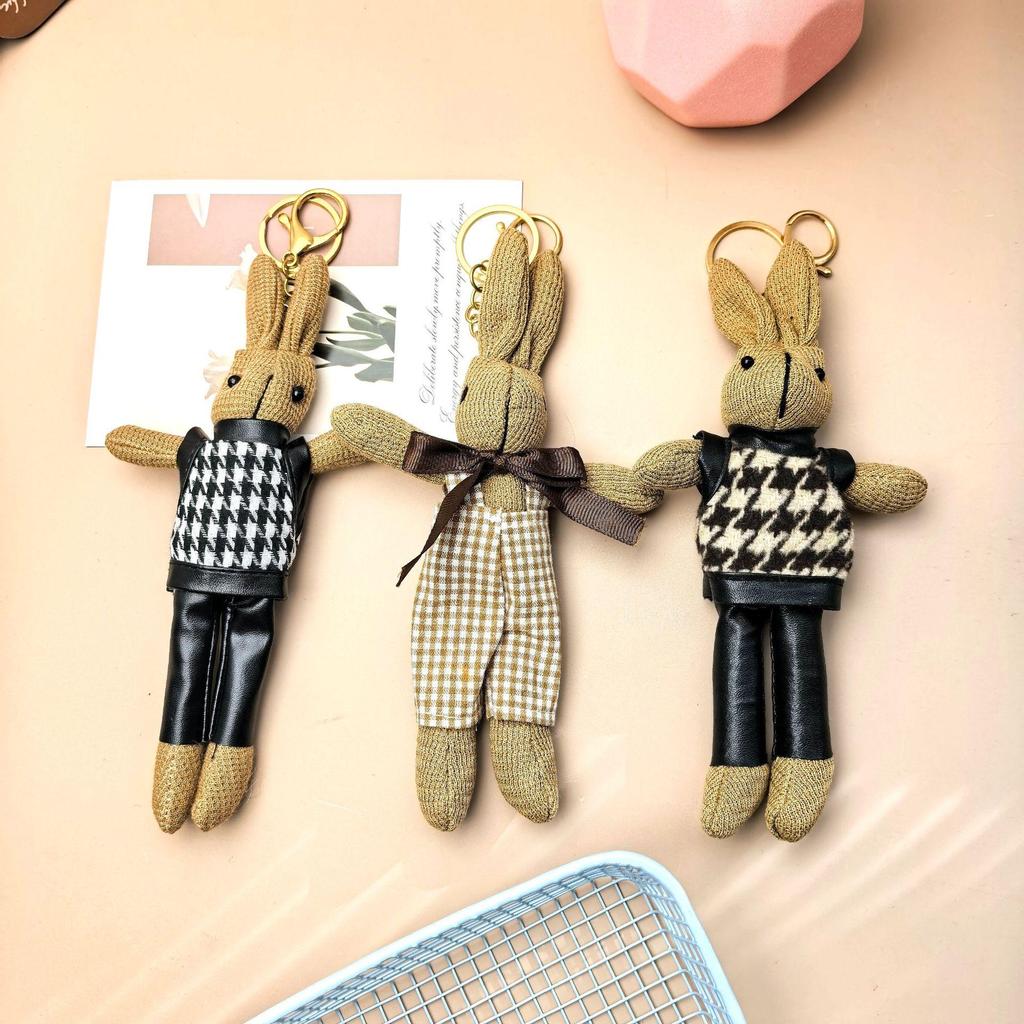 Houndstooth Rabbit Cartoon Figure Keychain with Scarf Pendant