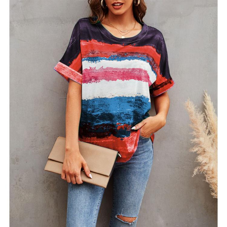 Summer Women Fashion Gradient Striped T-shirt Loose Round Neck Casual Top