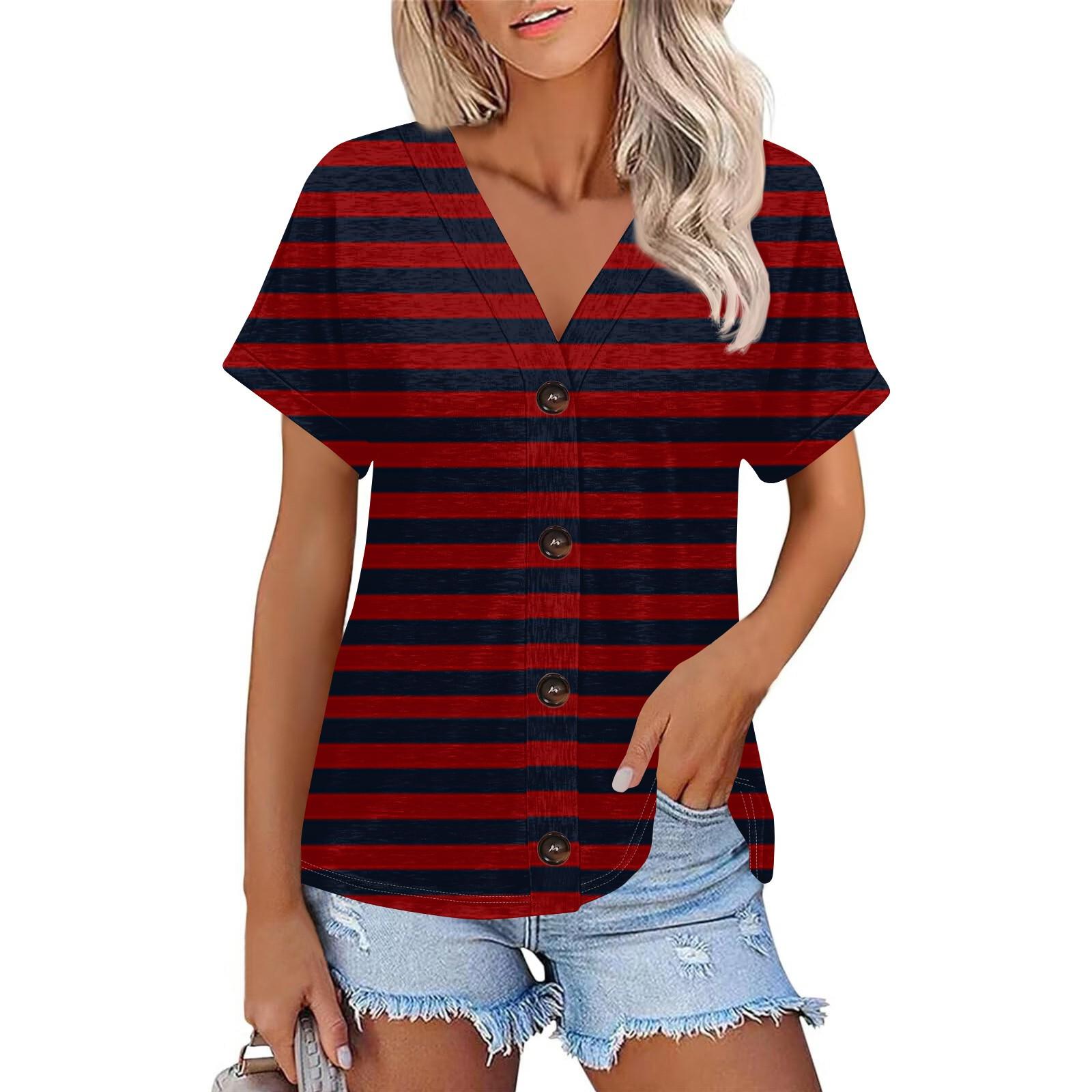 

Women s Fashion Short-sleeved V-neck Striped Printed Top Casual Button Up T-shirt XL винный