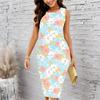 Women Plus Size Sleeveless Round Neck Midi Bodycon Dress Dark Blue Plum Branch Print Slim Fitted Dress