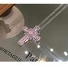 Y2K Themed Pink Broken Ice Zircon Cross Pendant Necklace Fun Stylish Jewelry for Women Retro Party Costume Match