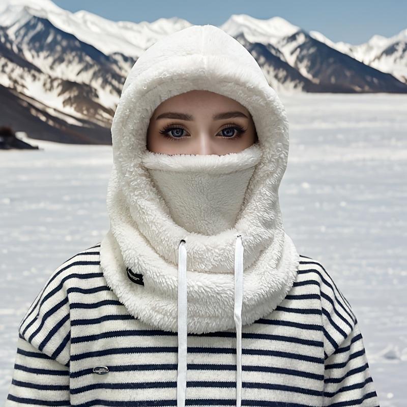 1PC Women's Winter Plush Mask Cap - Elastic Drawstring Closure, Light and Warm, Solid Color Soft Polyester Fiber Material, Hand Washable