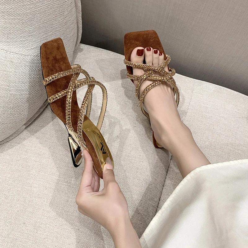 Fashion Fashion Rhinestone Chain Women Slippers Sandals Comfortable Sexy Leopard Print Square Toe Ladies  Modern Shoes Zapatos De Mujer
