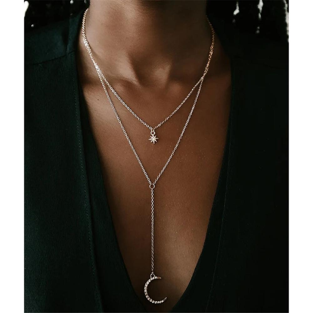 

New Gold Multilevel Necklaces For Women Fashion Female Gold Color Alloy Crystal Moon Sun Pendant Necklace Zircon Wholesale Gift