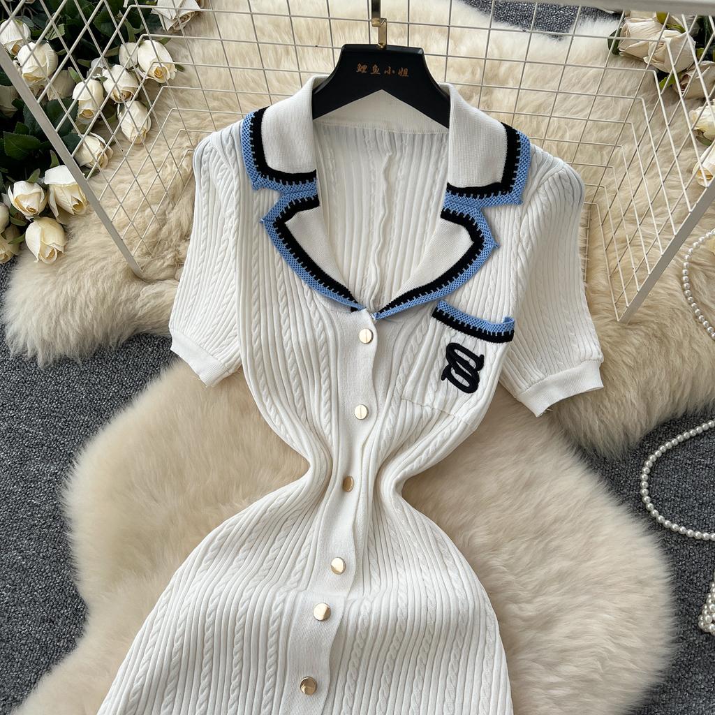 Summer Women Elegant V-neck Designer Embroidery Letter Knitted Sweater Single Breasted Long Midi Dresses